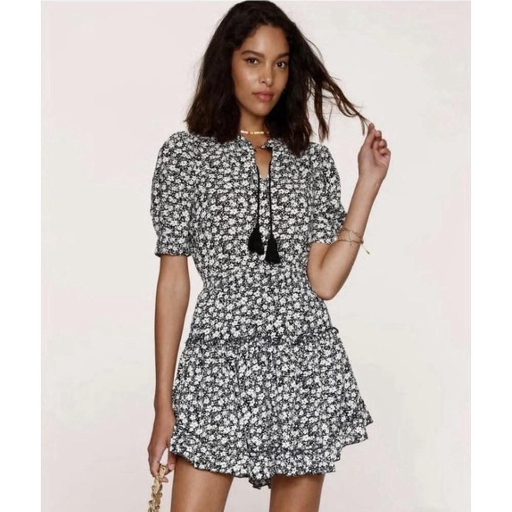 Heartloom Mariel Mini Dress Black White Floral Print Elastic Waist Ruffle Size M
